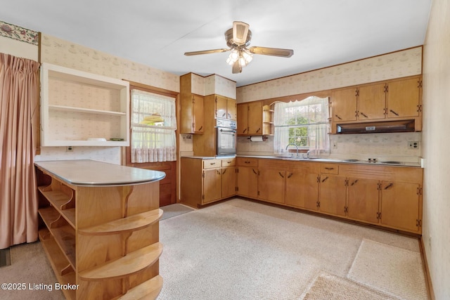2200 Anneta Rd, Leitchfield, KY 42754 - kitchen with open shelves, oven, wallpapered walls, a ceiling fan, and light countertops
