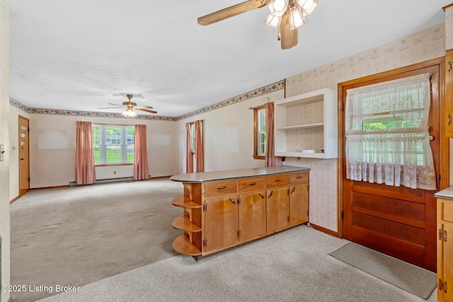 2200 Anneta Rd, Leitchfield, KY 42754 - kitchen featuring open shelves, a ceiling fan, light colored carpet, baseboards, and wallpapered walls