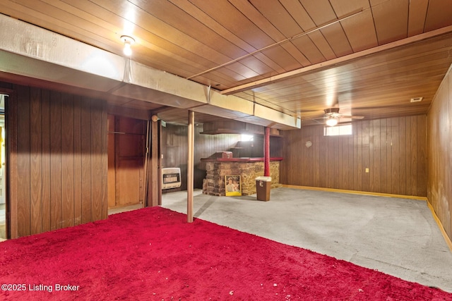 2200 Anneta Rd, Leitchfield, KY 42754 - below grade area featuring carpet flooring, a fireplace, wooden walls, heating unit, and wooden ceiling