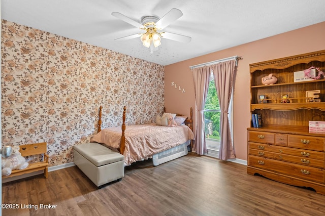 4211 Machupe Dr, Louisville, KY 40241 - bedroom featuring access to exterior, wood finished floors, baseboards, wallpapered walls, and a ceiling fan