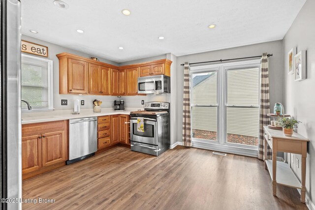 4211 Machupe Dr, Louisville, KY 40241 - kitchen featuring appliances with stainless steel finishes, wood finished floors, light countertops, a sink, and recessed lighting