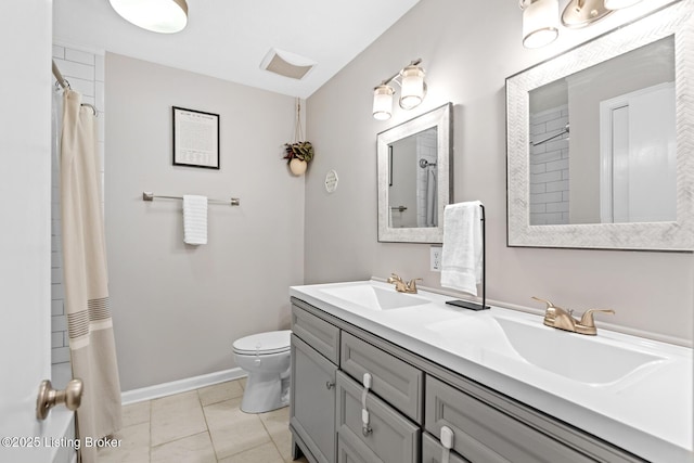 4211 Machupe Dr, Louisville, KY 40241 - full bath featuring toilet, double vanity, a shower with shower curtain, tile patterned flooring, and baseboards
