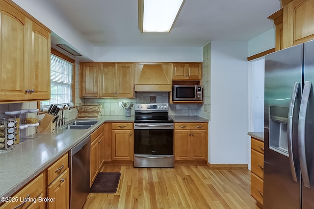 kitchen featuring appliances with stainless steel finishes, a sink, premium range hood, light wood finished floors, and decorative backsplash