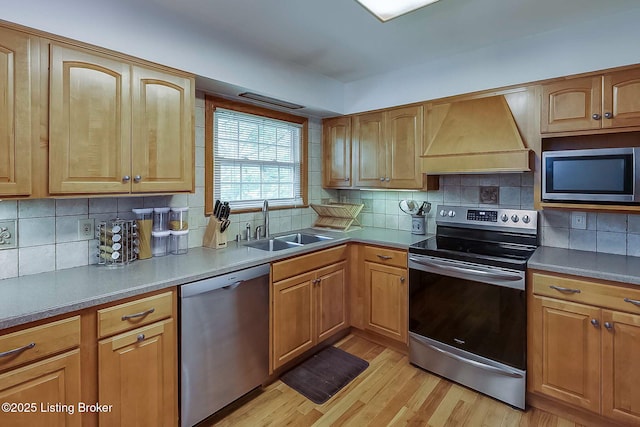 kitchen with appliances with stainless steel finishes, custom range hood, a sink, decorative backsplash, and light wood-style floors