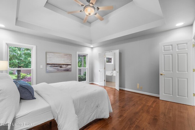 10304 Spring Meyer Rd, Louisville, KY 40223 - bedroom featuring a tray ceiling, wood finished floors, baseboards, recessed lighting, and a ceiling fan
