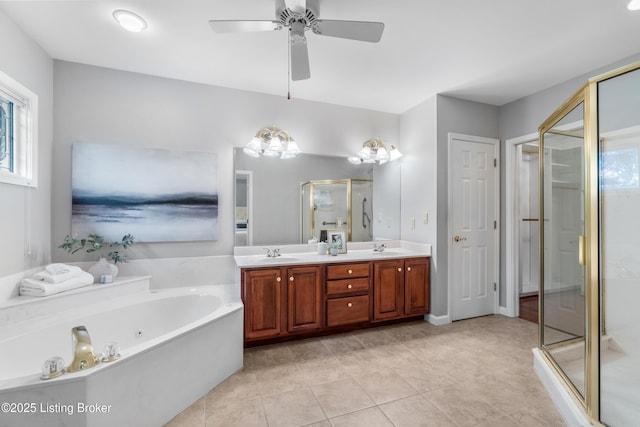 10304 Spring Meyer Rd, Louisville, KY 40223 - bathroom featuring double vanity, a shower stall, a whirlpool tub, tile patterned flooring, and a ceiling fan
