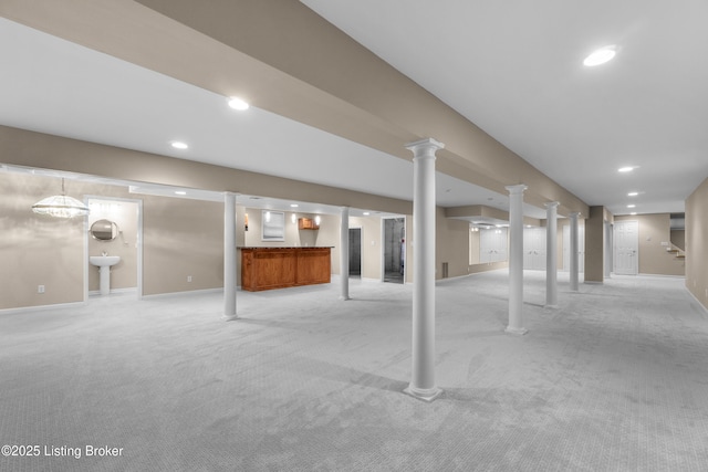 10304 Spring Meyer Rd, Louisville, KY 40223 - below grade area with light carpet, recessed lighting, and baseboards