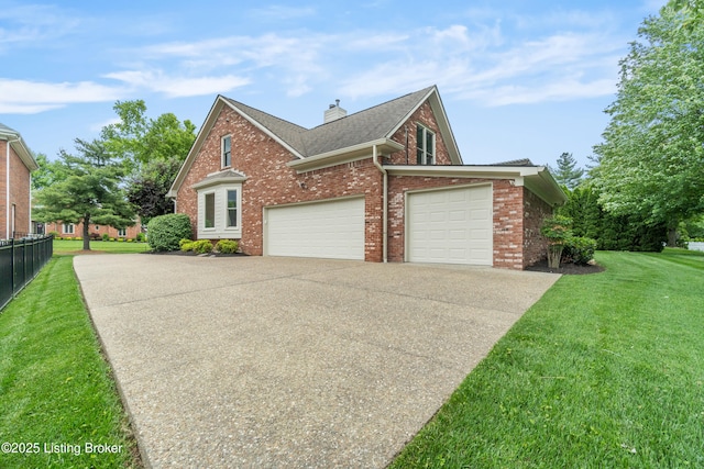 10304 Spring Meyer Rd, Louisville, KY 40223 - view of side of home featuring concrete driveway, a garage, brick siding, and a chimney