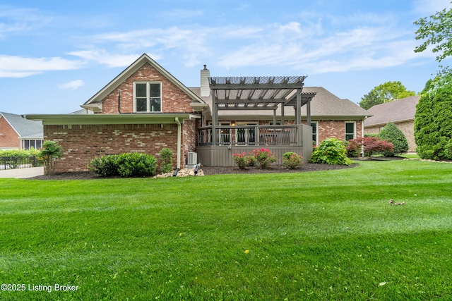 10304 Spring Meyer Rd, Louisville, KY 40223 - back of property with a pergola, brick siding, a yard, and a chimney