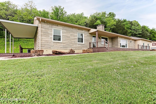 198 Mill Creek Ln, Bardstown, KY 40004 - view of front of property with stone siding, a chimney, a front yard, and covered porch