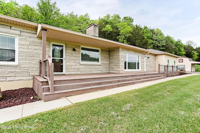 198 Mill Creek Ln, Bardstown, KY 40004 - view of front facade featuring stone siding, a chimney, and a front lawn