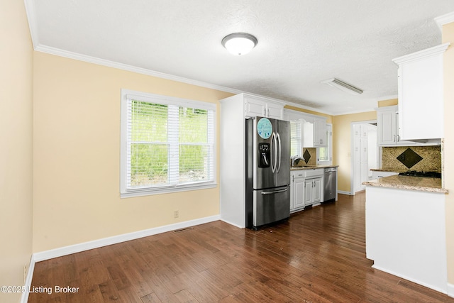 198 Mill Creek Ln, Bardstown, KY 40004 - kitchen featuring stainless steel appliances, dark wood finished floors, white cabinets, tasteful backsplash, and crown molding