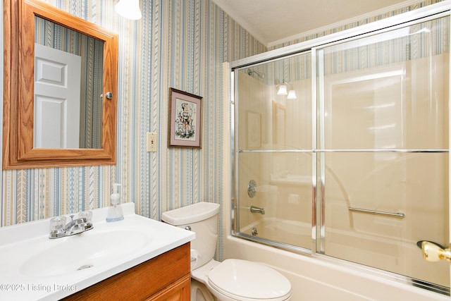 198 Mill Creek Ln, Bardstown, KY 40004 - full bathroom with wallpapered walls, vanity, toilet, and bath / shower combo with glass door