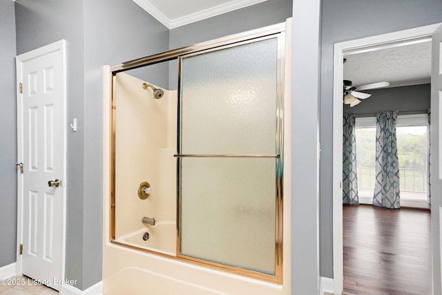 198 Mill Creek Ln, Bardstown, KY 40004 - full bath with ornamental molding, a textured ceiling, a ceiling fan, combined bath / shower with glass door, and baseboards