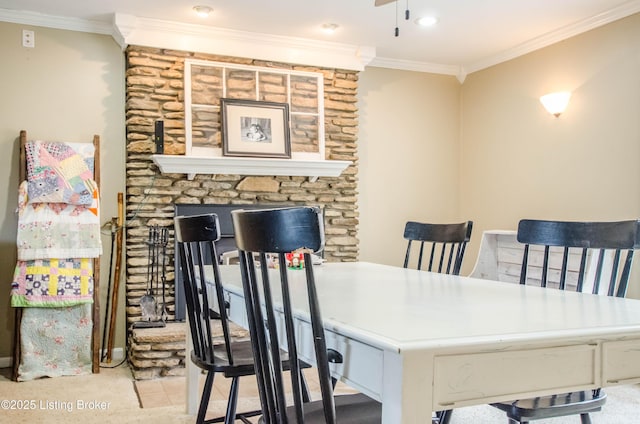 562 Peaceful Way, Shepherdsville, KY 40165 - dining space with crown molding, a fireplace, and ceiling fan