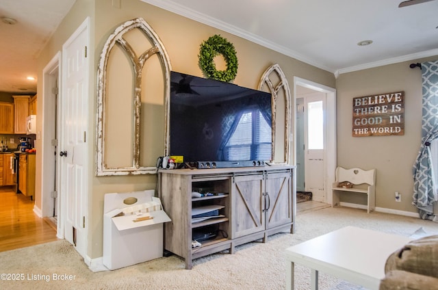 562 Peaceful Way, Shepherdsville, KY 40165 - living room featuring light carpet, ornamental molding, baseboards, and recessed lighting