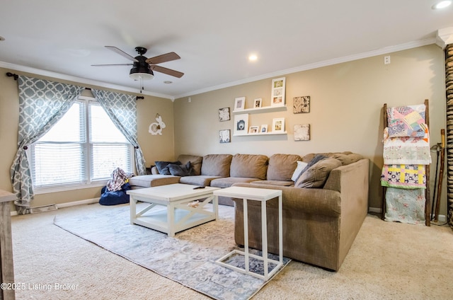 562 Peaceful Way, Shepherdsville, KY 40165 - living room featuring carpet floors, crown molding, ceiling fan, baseboards, and recessed lighting