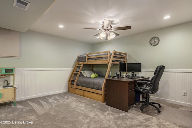 12123 Valley Dr, Goshen, KY 40026 - carpeted bedroom with a wainscoted wall, recessed lighting, a desk, and a ceiling fan