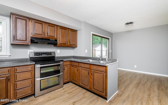 3009 Huberta Dr, Louisville, KY 40216 - kitchen with double oven range, under cabinet range hood, a sink, a peninsula, and light wood-style flooring