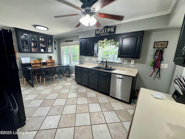 4919 Ferrer Way, Louisville, KY 40291 - kitchen featuring a sink, stainless steel dishwasher, a ceiling fan, crown molding, and light countertops