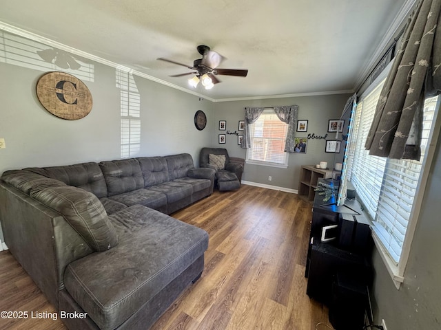 4919 Ferrer Way, Louisville, KY 40291 - living room featuring wood finished floors, a ceiling fan, ornamental molding, and baseboards