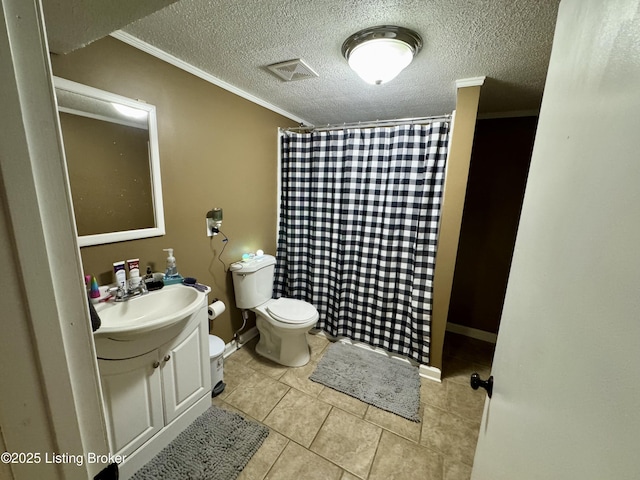 4919 Ferrer Way, Louisville, KY 40291 - full bath featuring toilet, ornamental molding, vanity, a textured ceiling, and tile patterned floors