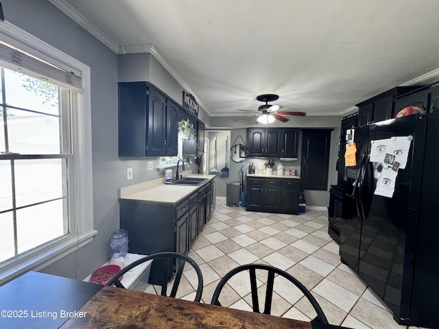 4919 Ferrer Way, Louisville, KY 40291 - kitchen featuring black refrigerator with ice dispenser, ceiling fan, light countertops, crown molding, and a sink