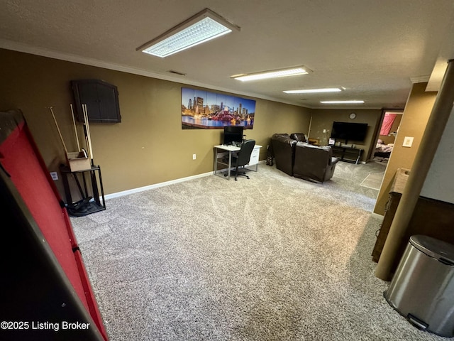 4919 Ferrer Way, Louisville, KY 40291 - carpeted living room featuring an office area, crown molding, a textured ceiling, and baseboards