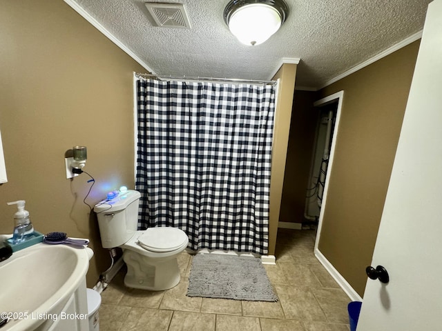 4919 Ferrer Way, Louisville, KY 40291 - bathroom with toilet, ornamental molding, a textured ceiling, curtained shower, and tile patterned flooring