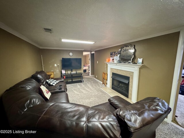 4919 Ferrer Way, Louisville, KY 40291 - living area with carpet flooring, crown molding, a textured ceiling, baseboards, and a tile fireplace