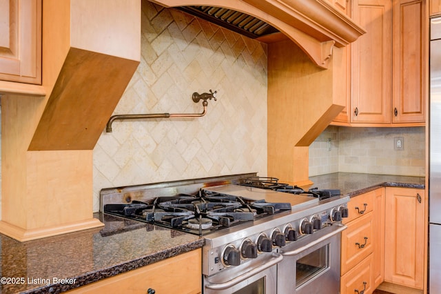 5302 Olde Creek Way, Prospect, KY 40059 - kitchen featuring double oven range, backsplash, and dark stone counters