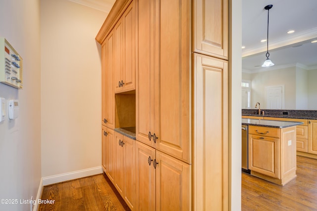 5302 Olde Creek Way, Prospect, KY 40059 - hallway with light wood-style flooring, crown molding, baseboards, recessed lighting, and a sink