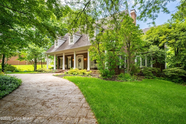 5302 Olde Creek Way, Prospect, KY 40059 - cape cod house with a porch, a front yard, and a chimney