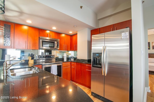604 S 3rd St Unit 803, Louisville, KY 40202 - kitchen featuring appliances with stainless steel finishes, a sink, recessed lighting, dark stone counters, and light wood-type flooring