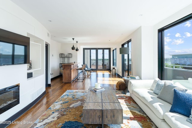711 W Main St Unit T, Louisville, KY 40202 - living area featuring dark wood-style flooring and a glass covered fireplace