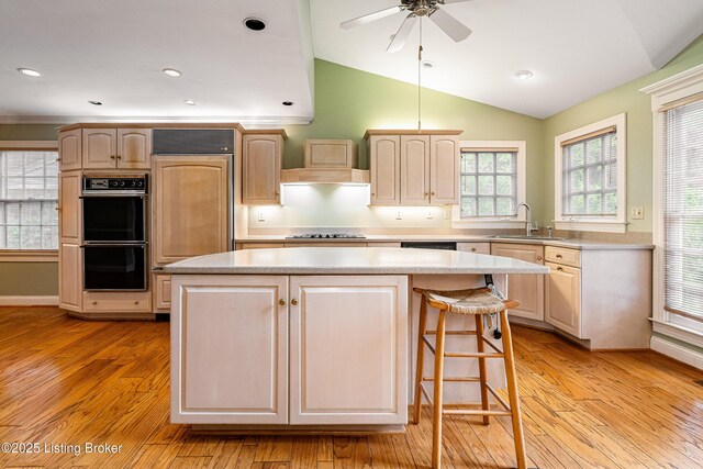 3920 Elfin Ave, Louisville, KY 40207 - kitchen featuring a kitchen island, light countertops, a sink, light wood-type flooring, and vaulted ceiling