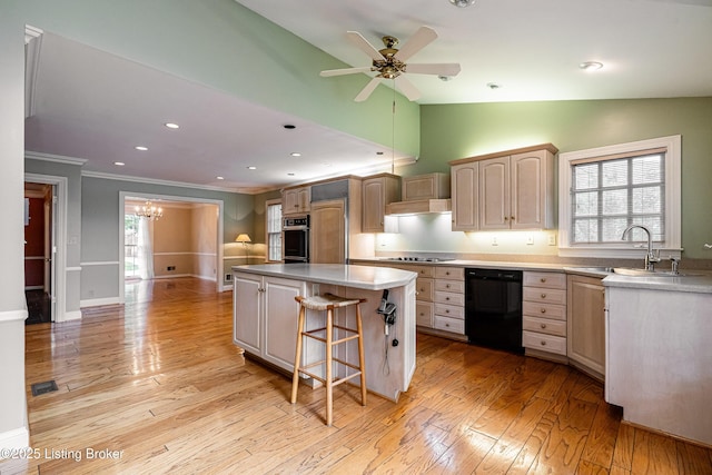 3920 Elfin Ave, Louisville, KY 40207 - kitchen featuring black dishwasher, a sink, stovetop, oven, and crown molding