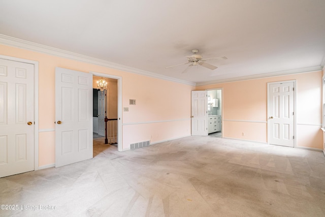 3920 Elfin Ave, Louisville, KY 40207 - unfurnished bedroom featuring ornamental molding, light carpet, a chandelier, baseboards, and a ceiling fan