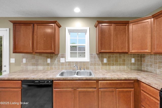 8712 Chetwood Trace Dr, Louisville, KY 40291 - kitchen with black dishwasher, a sink, light countertops, tasteful backsplash, and brown cabinetry