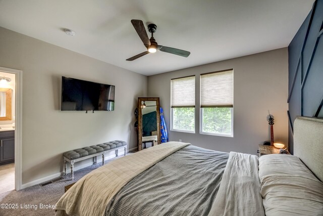 3928 Creek Meadow Dr, La Grange, KY 40031 - bedroom with light colored carpet, connected bathroom, baseboards, and a ceiling fan