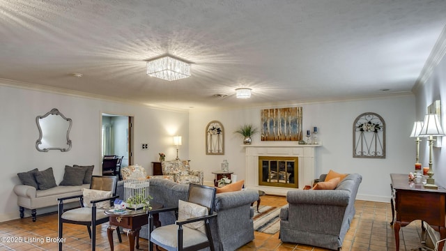 3030 Breckenridge Ln Unit 108, Louisville, KY 40220 - tiled living room featuring ornamental molding, a glass covered fireplace, a chandelier, and baseboards