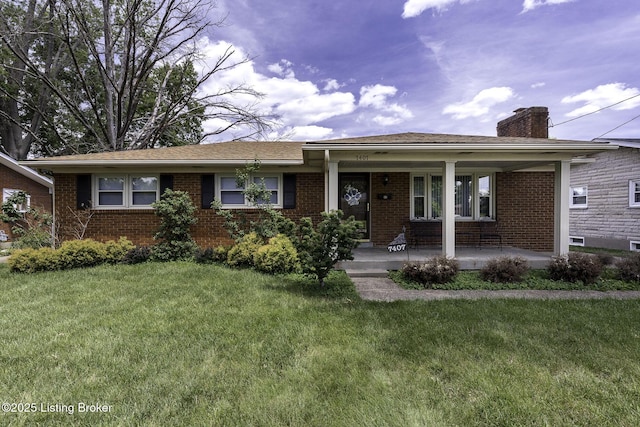 7407 Beahl Blvd, Louisville, KY 40258 - single story home with a front lawn, covered porch, brick siding, and a chimney