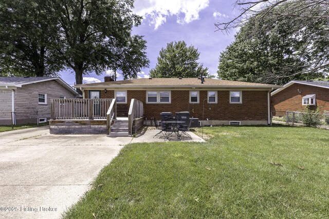 7407 Beahl Blvd, Louisville, KY 40258 - rear view of property with brick siding, a deck, a patio, and a chimney