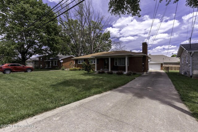 7407 Beahl Blvd, Louisville, KY 40258 - ranch-style house featuring a porch, a chimney, a front lawn, a garage, and brick siding