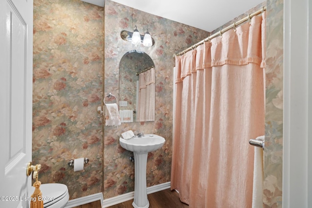 10431 Monticello Forest Cir, Jeffersontown, KY 40299 - full bath with wood finished floors, toilet, baseboards, and wallpapered walls