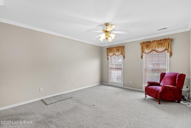 10431 Monticello Forest Cir, Jeffersontown, KY 40299 - sitting room with crown molding, carpet, baseboards, and a ceiling fan