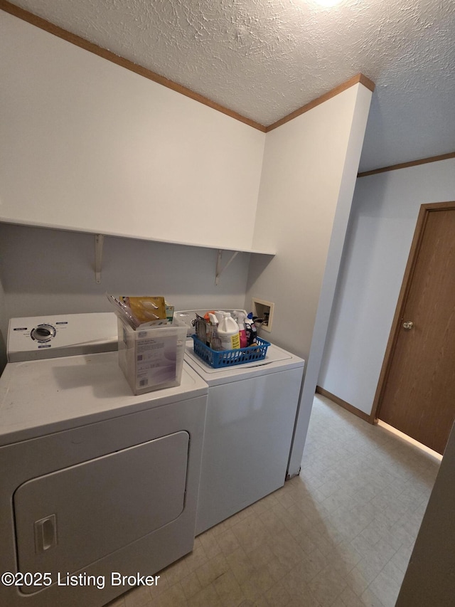 15008 Galston Blvd, Louisville, KY 40272 - laundry room featuring light floors, independent washer and dryer, crown molding, and a textured ceiling