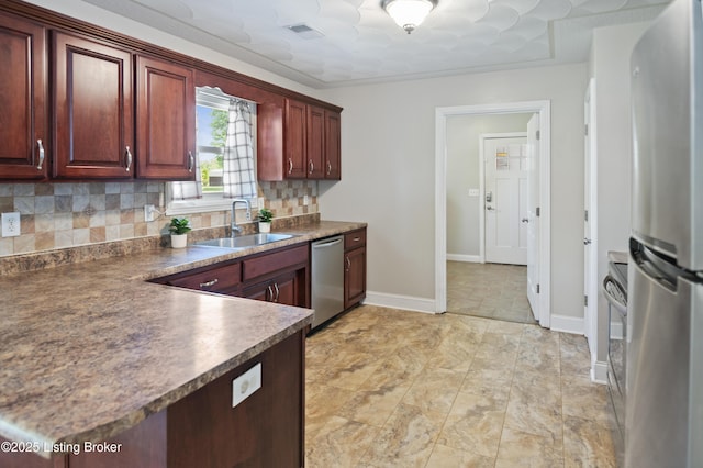 1020 Polley Dr, Bardstown, KY 40004 - kitchen with appliances with stainless steel finishes, a sink, tasteful backsplash, dark countertops, and ornamental molding