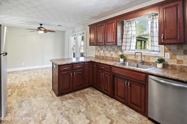 1020 Polley Dr, Bardstown, KY 40004 - kitchen with appliances with stainless steel finishes, a sink, ceiling fan, and tasteful backsplash