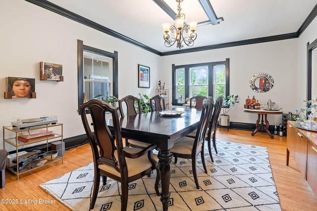 2220 Alta Ave, Louisville, KY 40205 - dining room featuring a chandelier, light wood-type flooring, ornamental molding, and baseboards